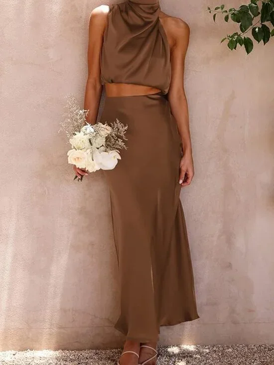 🤎 NWT Satin 2 Piece Skirt Set | Size L | Mock Neck Crop Top + Maxi Skirt - Picture 2 of 6